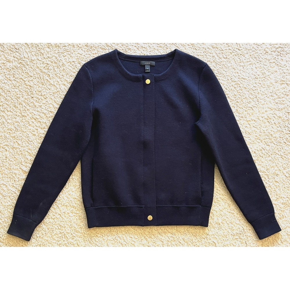 New J Crew Navy Blue Merino Wool Gold Button Zippered Sweater Jacket Women S